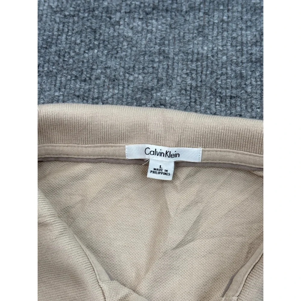 Calvin Klein Mens Large Tan‎ Beige Short Sleeve Pique Polo Shirt CK Logo Classic